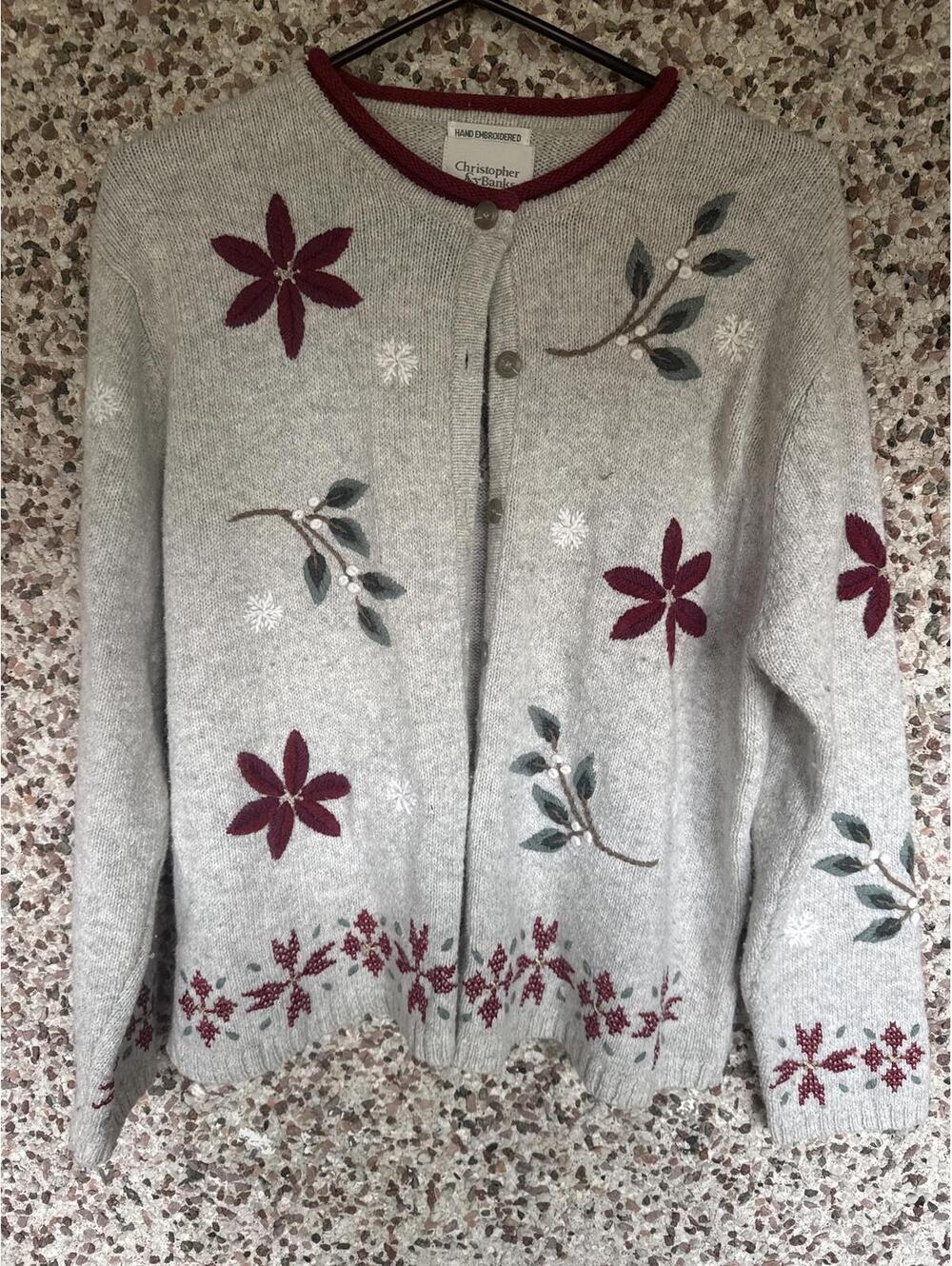 Christopher & Banks Hand-Embroidered Cardigan – Winter Floral Sweater L